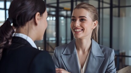 Happy young woman manager or accountant looking at his colleague with a smile while having a conversation