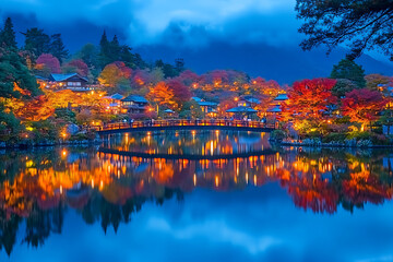 Fototapeta premium Kawaguchiko's autumn leaves at night, illuminated by lights and the colorful foliage of maple trees reflecting in the water below
