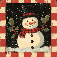 Charming snowman in red plaid scarf and top hat with holly, set against vintage checkered frame—perfect for holiday cards, seasonal decor, and winter promotions.