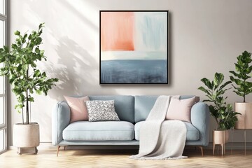 Cozy living room, modern minimalist decor, light blue sofa, decorative pillows, throw blanket, potted plants