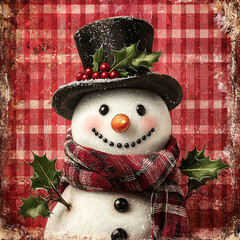 Smiling snowman with plaid scarf and holly hat on rustic red checkered background—ideal for festive greeting cards, winter ads, or holiday social media.