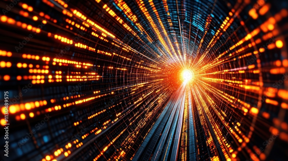 Poster futuristic data tunnel orange light speed digital highway
