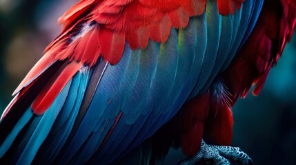 Fototapeta premium Close-up of a green-winged macaw feather, blending deep green and red with subtle blue highlights