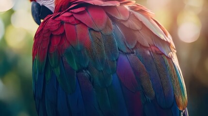 Obraz premium Close-up of a green-winged macaw feather, blending deep green and red with subtle blue highlights