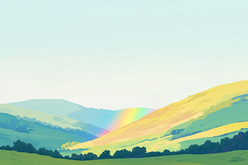 Obraz premium Flat Design Clipart of a Rainbow Arching Over Green Hills with a Crisp Blue Sky Background.