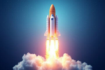 Obraz premium Flat Design Rocket Clipart Featuring Vibrant Colors, Sharp Details, and Gradient Blue Space Background.