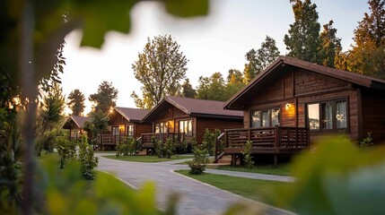 Fototapeta premium Tranquil Pear Tree Grove Surrounding a Charming Wooden Resort Retreat Idyllic countryside landscape with traditional cottages offering a peaceful escape in nature