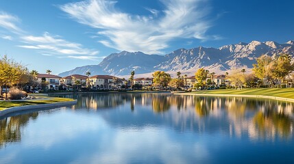 Obraz premium Scenic view of a serene lake surrounded by mountains and residential buildings under a blue sky.