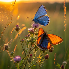 Fototapeta premium Blue and Orange Butterflies in a Vibrant Sunset Meadow