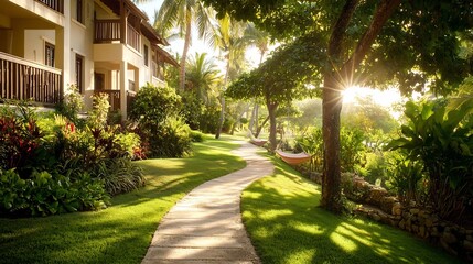Fototapeta premium Serene Avocado Resort Nestled in Lush Greenery with Hammocks Inviting Tranquil Vacation Escape Idyllic Oasis Offering Seclusion Relaxation and Rejuvenation Amidst Nature s Embrace