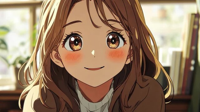 anime cartoon character, cute girl smiling sitting at office or library with books on shelves