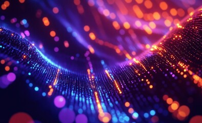 Abstract glowing wave of particles, vibrant colors, dynamic energy.