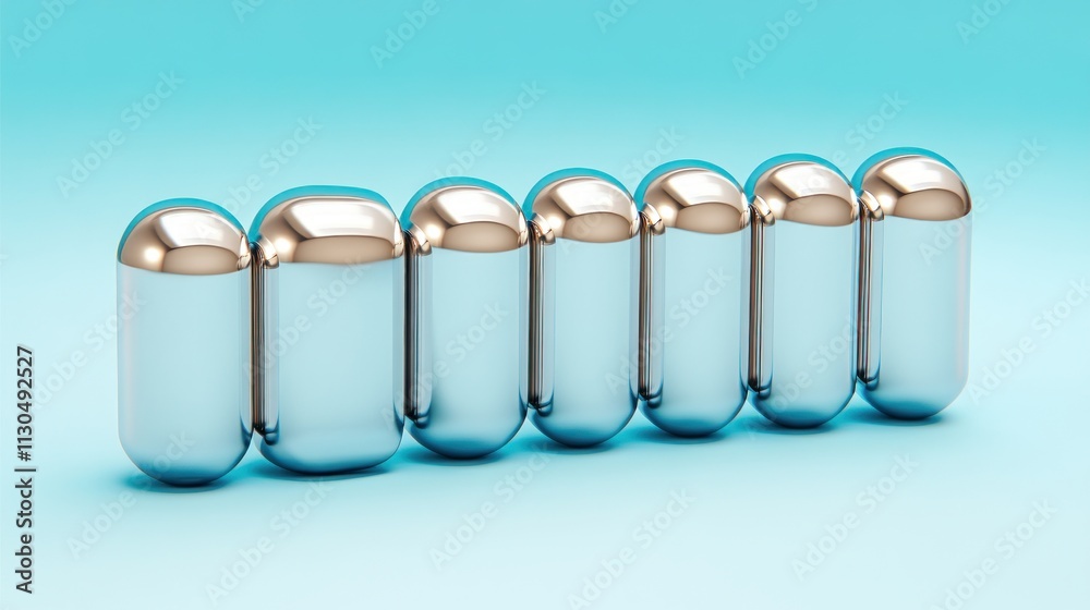 Poster Shiny Chrome Capsules Row Abstract 3D Render Blue Background