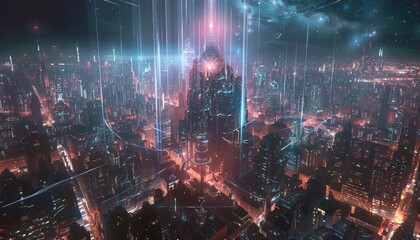 Fototapeta premium Futuristic Cityscape Night Lights Beams Illuminate Towers
