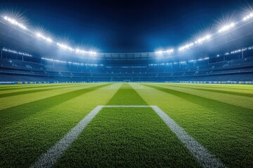 Obraz premium Football field at night, illuminated stadium lights empty bleachers grass turf clear sky symmetry