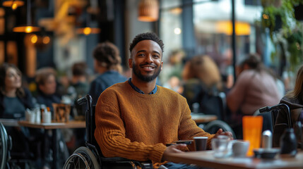 Young African American man in wheelchair enjoying coffee at a busy cafe