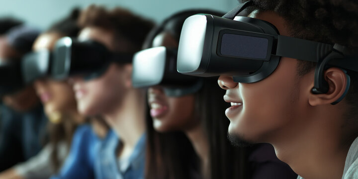 Young diverse group experiencing virtual reality technology in a modern setting - Powered by Adobe