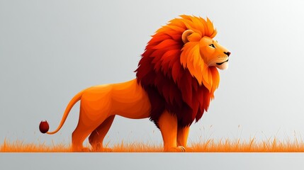 A flat, 2D vector illustration of a lion standing in profile, minimalist design, bold clean lines, on a white backgroundLion enjoying nature at sunset in a cute cartoon style