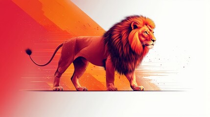 A flat, 2D vector illustration of a lion standing in profile, minimalist design, bold clean lines, on a white backgroundLion enjoying nature at sunset in a cute cartoon style