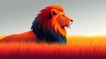 A flat, 2D vector illustration of a lion standing in profile, minimalist design, bold clean lines, on a white backgroundLion enjoying nature at sunset in a cute cartoon style