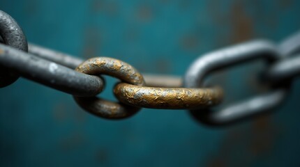 Fototapeta premium Close-Up Of A Metal Chain Highlighting A Single Golden Link Among Silver