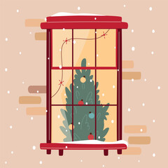 Christmas window with lights and decorated x-mas tree. Snowfall, warm Christmas or New Year atmosphere. Cozy winter evening. Vector illustration