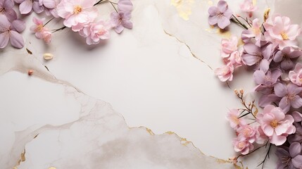 An elegant marble backdrop with a combination of soft pink flowers and intricate golden details