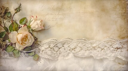 Decorative abstract vintage frame background in the look of old parchment paper decorated with roses and white lace