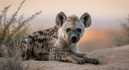 Fototapeta premium African wildlife scene featuring young hyena in natural habitat at sunset