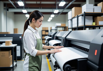 Workers Operating Large-Scale Printing Machines in a Modern Printing Facility.
