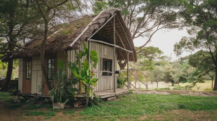 Country farm house in a grassy field near moorland
