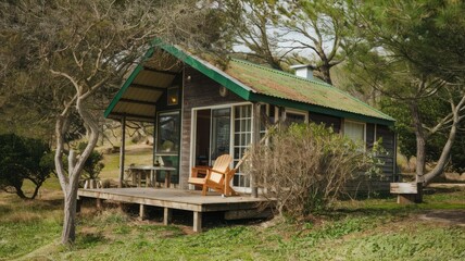 Country farm house in a grassy field near moorland