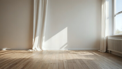 Modern and stylish Empty bright room with a window, white curtain, wooden floor and sunshine. 300dpi. instagram style