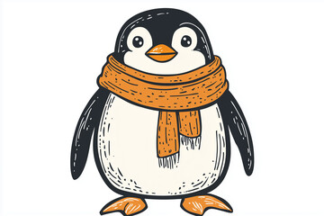 Obraz premium Playful Cartoon Penguin in Scarf, Isolated on Plain Background with Clean, Crisp Edges.