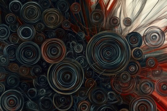 Dense, overlapping circles of black and gray with harsh red highlights, depicting emotional overwhelm