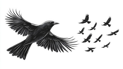 Fototapeta premium A flat, minimalist 2D vector illustration of a bird in flight, clean black and white design, isolated on a white background