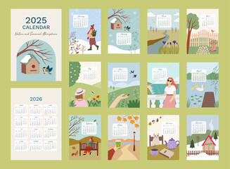 Calendar 2025 with hand drawn illistrations inspired by nature and seasons. Week start fron Monday. Set of 12 months, cover and one sheet of the 2026 year. Template for A4 A3 A5 size