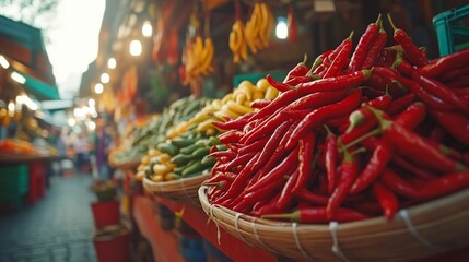 Fototapeta premium Fresh red chili peppers in a market stall, alongside yellow and green peppers. Blurred background shows a bustling marketplace.
