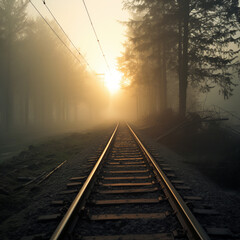 Fototapeta premium Railway track. Misty morning vanishing point 