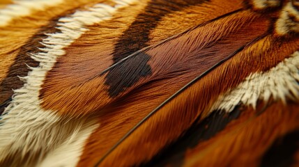Detailed view of a pheasant feather, blending rich brown and gold patterns with intricate stripes