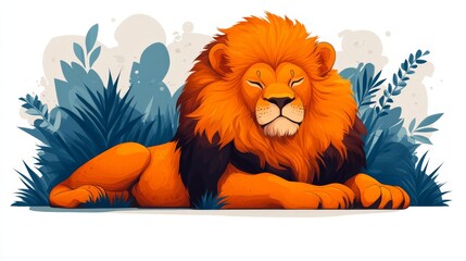 A lion resting, flat vector 2D cartoon style, bold lines, simple background.