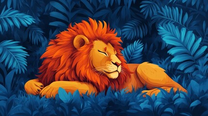 A lion resting, flat vector 2D cartoon style, bold lines, simple background.