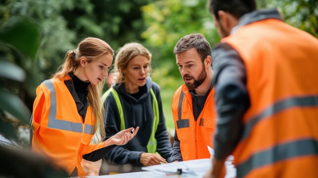 Risk management professionals conducting an outdoor simulation for disaster recovery planning