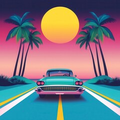 A vibrant retro scene featuring a classic car on a palm-lined road, under a large sun setting in a colorful sky.
