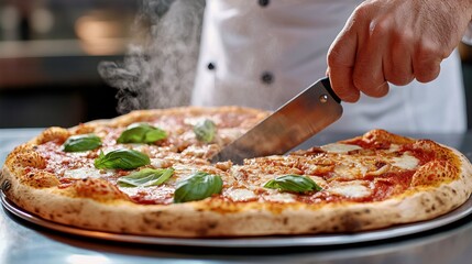 A chef expertly slices a steaming pizza topped with fresh basil and cheese, showcasing culinary skill and deliciousness.