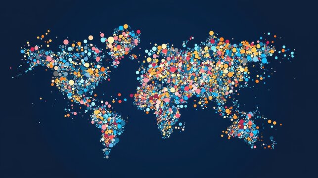 A colorful representation of a world map made from vibrant dots, showcasing global diversity and interconnectedness.