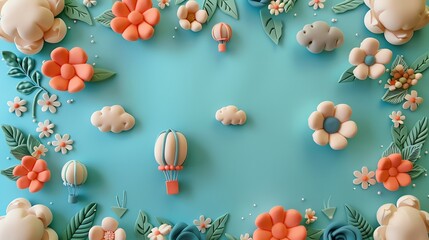 A whimsical scene of flowers and hot air balloons made from modeling clay on a blue background.