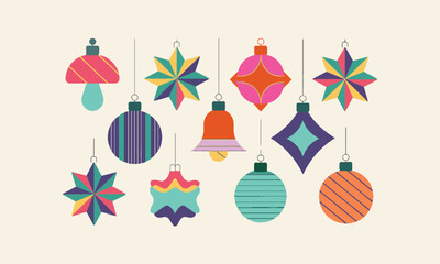 Collection of Christmas ornament elements, Collection of colorful Christmas decorations, balls, stars, and ornaments. Symbols and elements are isolated and easily editable.