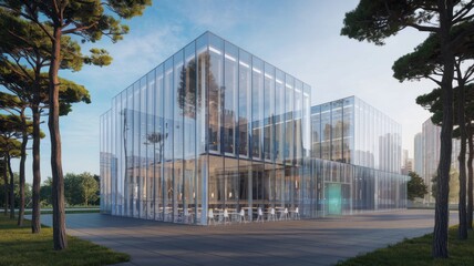 Obraz premium captivating image of a modern office building with a sleek glass facade that epitomizes contemporary architecture.