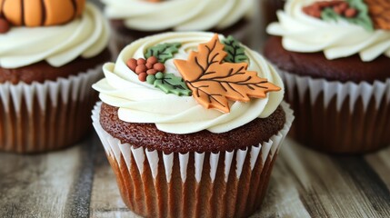 A beautifully decorated cupcake featuring cream frosting, a fondant leaf, and autumn-themed accents, perfect for seasonal celebrations.